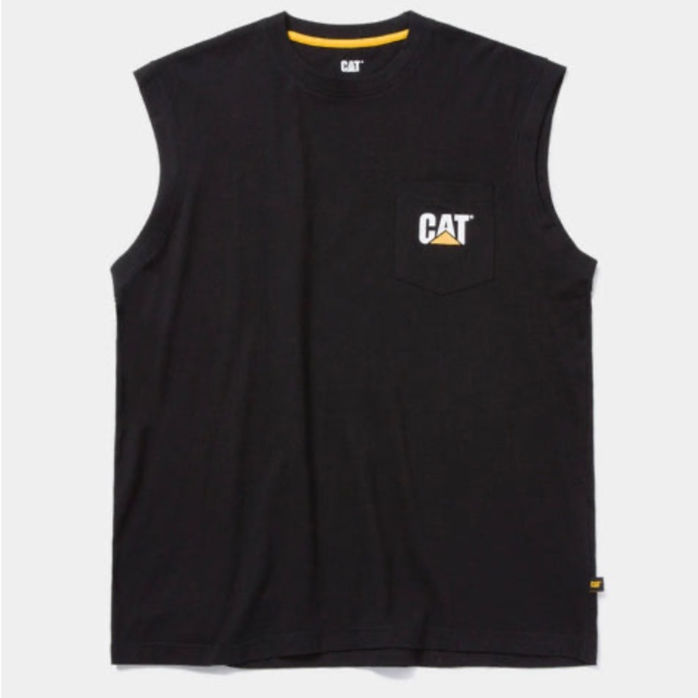 CAT Black Sleeveless Pocket Tee with Yellow Logo